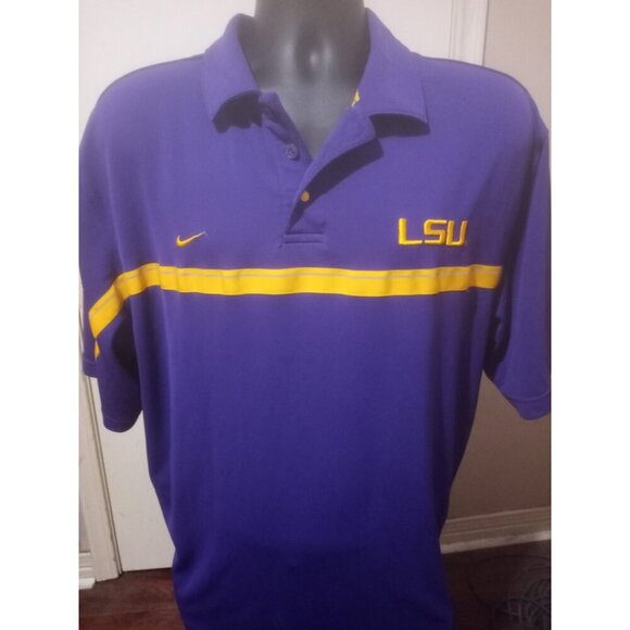 Nike LSU Tigers Polo Shirt Mens XL Purple Yellow Dri-Fit Authentic NCAA Logo - Picture 1 of 12
